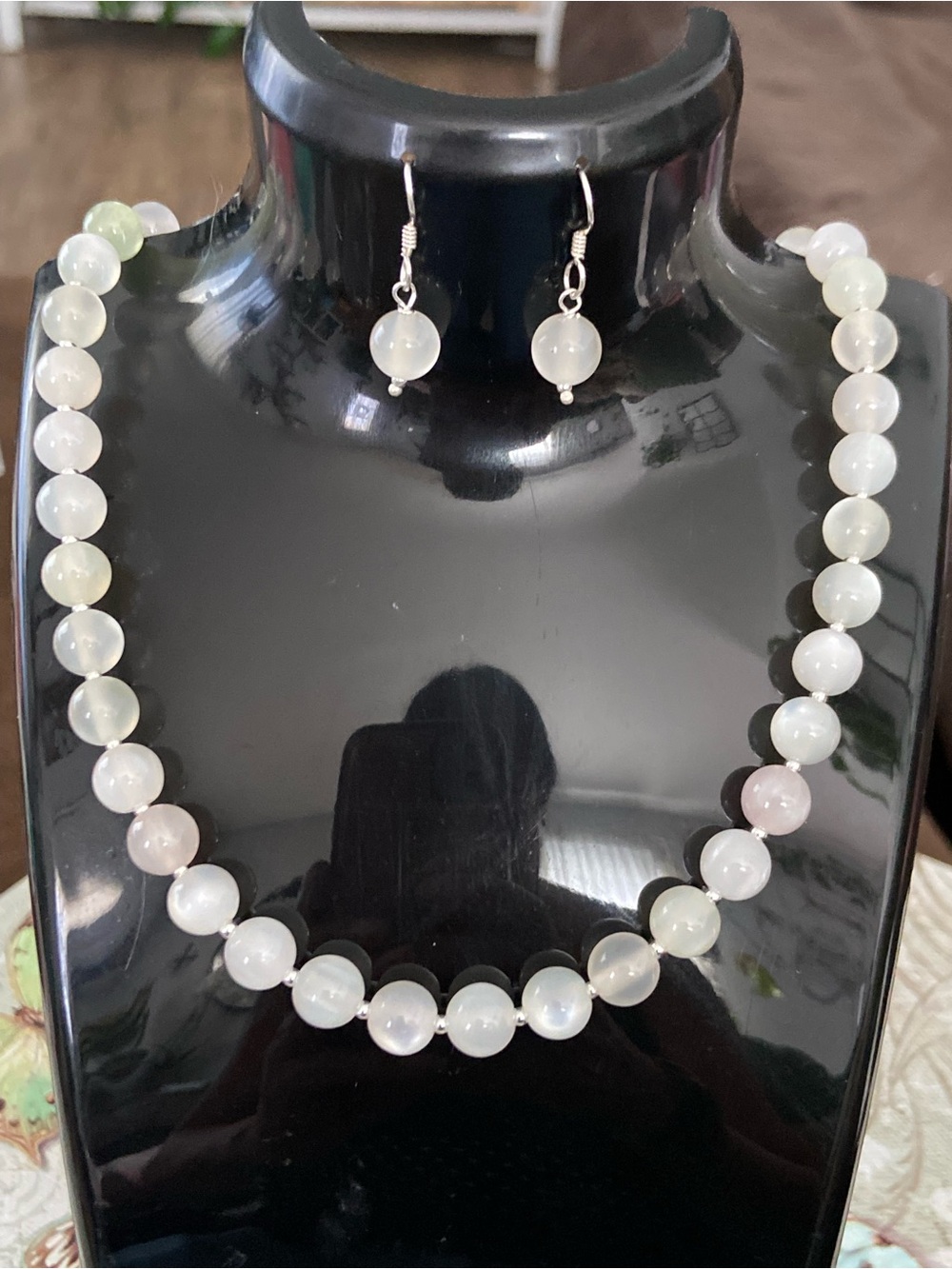 Round Bead White Forocromatic change color )Necklace and Earring W/ Silver 925